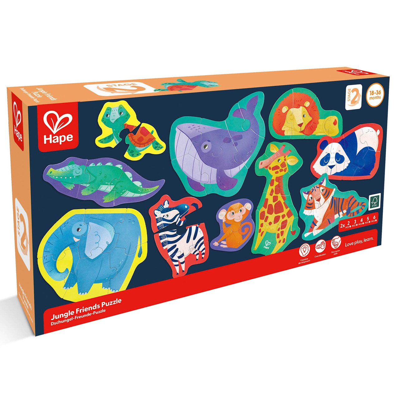 Hape: Jungle Friends Puzzle - 10 Mini Animal Shaped Puzzles, 2-6 Oversized Pieces Each, Colorful Design, Preschool Toy, Toddlers & Kids Ages 18mo+